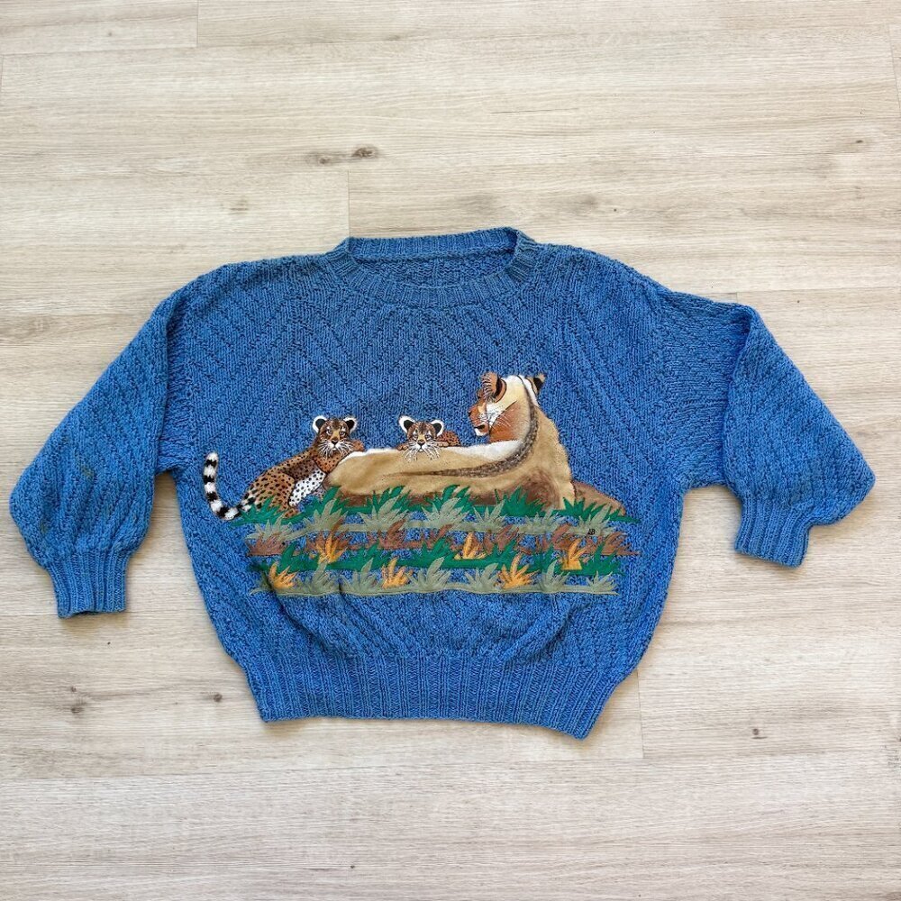 Vintage Blue Knit Sweater Safari Lions Hand Painted Leather 80s Large